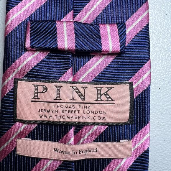 Pink Thomas Pink 100% Silk Tie Pink Navy Blue Striped Luxury Woven In England - Picture 3 of 5